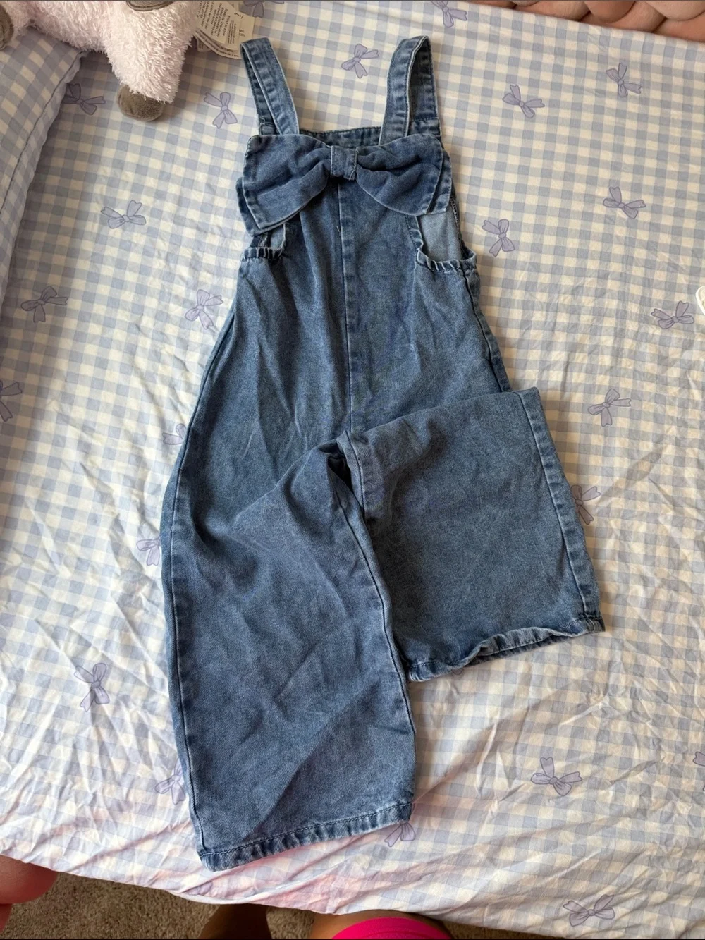Denim Bow Strap Overalls - Blue